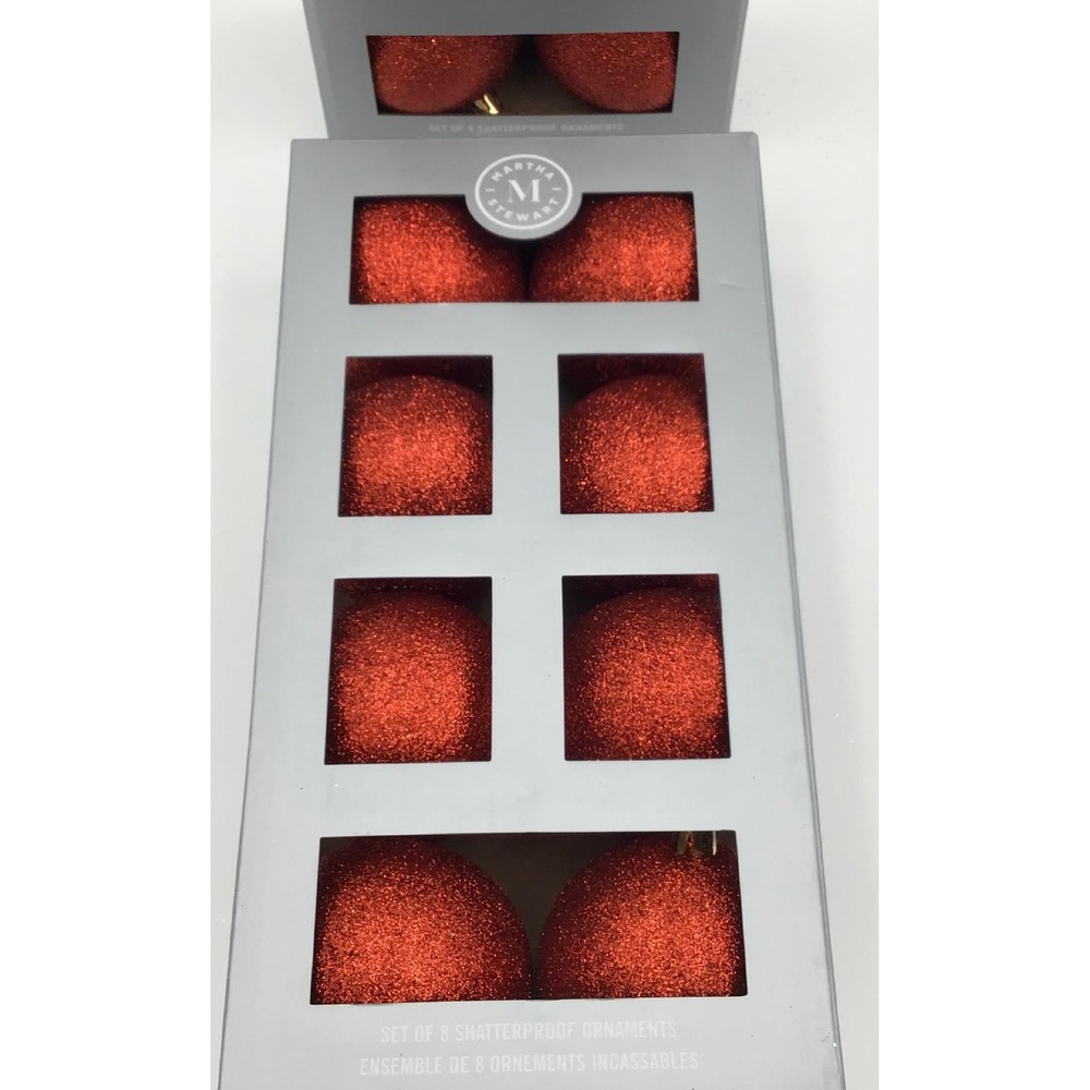 NIB Martha Stewart 16 Red Glitter Shatterproof Christmas Ornaments Holiday Decor